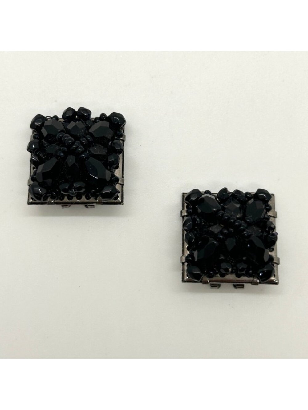 Vintage Liz Claiborne Black Beaded Square Clip-On Earrings Cluster Statement
